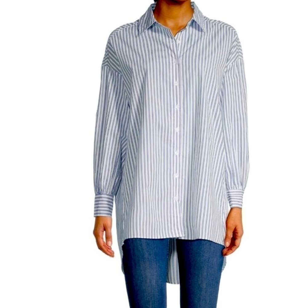 NWT Walter Baker Vivian Blue Striped High-Low Shirt Sz Small Classic Preppy Chic